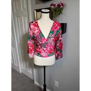 Pink Floral Wrap Top V-Neck 3/4 Sleeve Back Tie Cropped Blouse Womens Medium